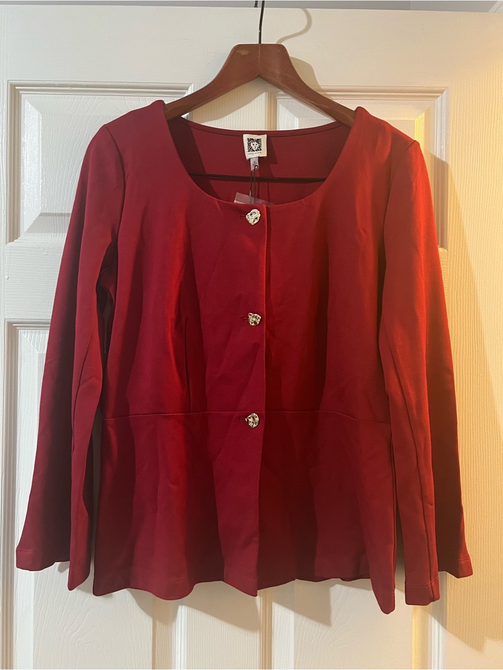 Anne Klein Red Long-Sleeve Button Front Peplum Jacket